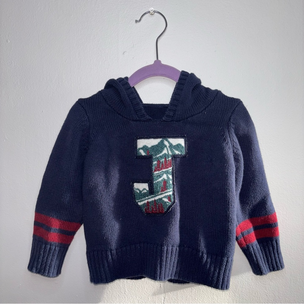 Janie and Jack Navy Hooded Sweater with Red Stripe Detail